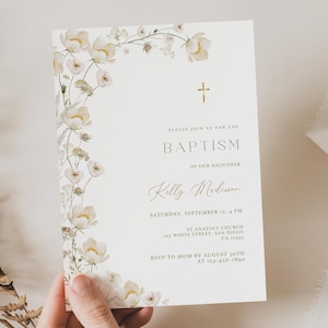 Faire-part de baptême numérique floral minimaliste I Modèle d'invitation de baptême personnalisable I Téléchargement instantané I Canva