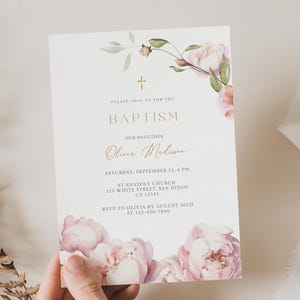 Faire-part de baptême floral vintage fille, modèle d'invitation fleur fille, faire-part de baptême modèle rose poudré, avec carte photo, toile