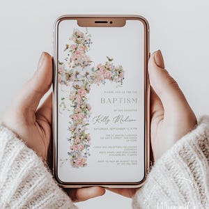 Invitación floral para bautizo: elegante plantilla rosa empolvado (descarga digital)