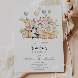 Farm Birthday Invitation Template: Barnyard Animals, Editable 5x7 (PDF Download)