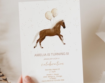 May include: A white invitation card with brown text and a watercolour illustration of a brown horse with a white mane and tail. The horse is running with two white balloons tied to its mane. The text on the card reads "Amelia is turning 5! Please join us for a celebration. Saturday, August 23, 2-4 pm, Amelia's House, 6543 Mango in, Chicago, in 40063, rsvp to Maria at 123-456-7896."