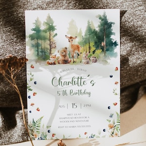 Faire-part d'anniversaire dans les bois, invitation à une fête des animaux de la forêt, carte d'anniversaire pour enfants à imprimer, thème animaux mignons et nature