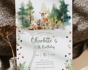May include: A woodland-themed birthday invitation with a watercolor background featuring a deer, a bear, a fox, an owl, a rabbit, and a hedgehog. The invitation reads "Join us to celebrate Charlotte's 5th Birthday" with the date and time "Aug 15 | 2PM". It also includes the location "Meet us at Hampstead Heath for a woodland adventure" and the RSVP information "RSVP to Maria 555.555.5555".