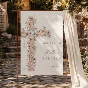 Panneau de bienvenue floral vintage pour baptême de fille : Modèle rose poudré (Téléchargement numérique)