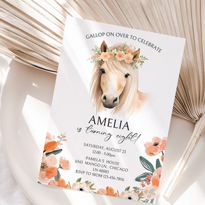 Modèle d'Invitation cheval modifiable, invitation anniversaire cheval floral, invitation cheval girly, invitation d'anniversaire ferme florale, téléchargement immédiat