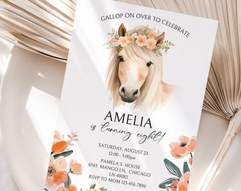 May include: A white horse with a flower crown on its head. The horse is surrounded by peach and orange flowers. The text "GALLOP ON OVER TO CELEBRATE" is at the top of the invitation. The text "AMELIA is turning eight!" is in the centre of the invitation. The text "SATURDAY, AUGUST 23 12:00-5:00pm PAMELA'S HOUSE 6543 MANGO LN, CHICAGO LN 40083 RSVP TO MOM 123-456-7896" is at the bottom of the invitation.