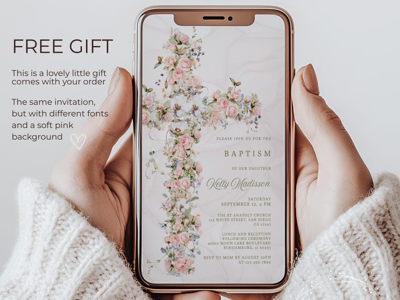 Floral Baptism Phone Invitation: Elegant Dusty Pink Template (Digital Download) image 3