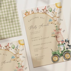 Farm Animals 1st Birthday Invitation: Barnyard Party (Digital Canva Download)