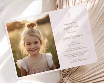 Baptism invitation template with photo, minimalist christening invite for girl, editable download