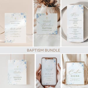 May include: A collection of baptism stationery featuring a soft watercolor design with blue floral accents. The bundle includes invitations, a menu, a welcome sign, a custom sign, and a digital invitation on a smartphone. The text includes the word "Baptism".