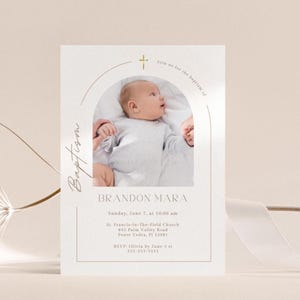 EDITABLE  Baptism Invitation, Minimalist Printable Christening Invite Girl, Dedication Photo Card, Gold, Download, Canva