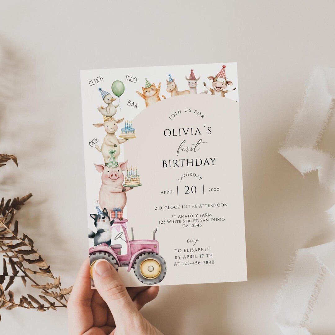 Pink Farm Animals 1st Birthday Invitation: Barnyard Party (digital ...