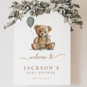 Modello di cartello di benvenuto per baby shower a forma di orsetto - Cartello stampabile per decorazioni per baby shower