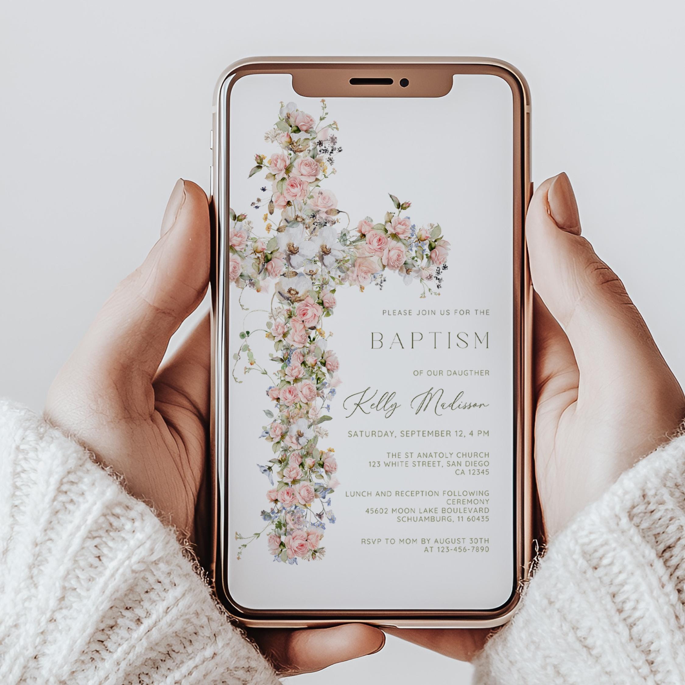Floral Baptism Phone Invitation: Elegant Dusty Pink Template (Digital Download)