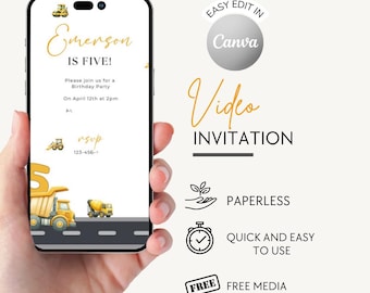 Construction Birthday Video Invitation: Animated Dump Truck (Canva Template)