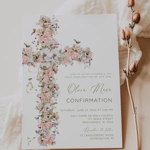 Vintage Floral Cross Confirmation Invitation: Pink Flower Template ...