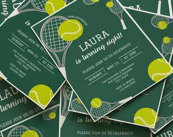 Sjabloon tennisverjaardagsuitnodiging | Groene sportfeestuitnodiging (canva bewerkbaar, digitale download 5 x 7)