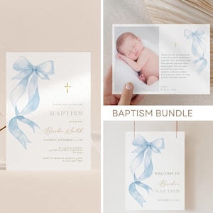 Faire-part de baptême garçon avec noeud bleu, modèle d'Invitation garçon, faire-part de baptême modèle bleu poussiéreux, invitation élégante, téléchargement, lot