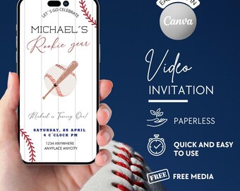 Baseball First Birthday Invitation: Rookie of The Year Video Invite (Canva)