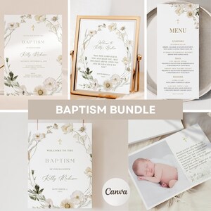 Pacote de Batismo Elegante I Convite de Batismo Editável, Placa de Boas-vindas, Menu e Cartão de Agradecimento I Design Floral I Modelo Canva