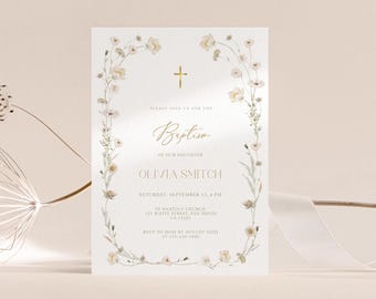 Vintage Floral Baptism Invitation Template (Digital Download)