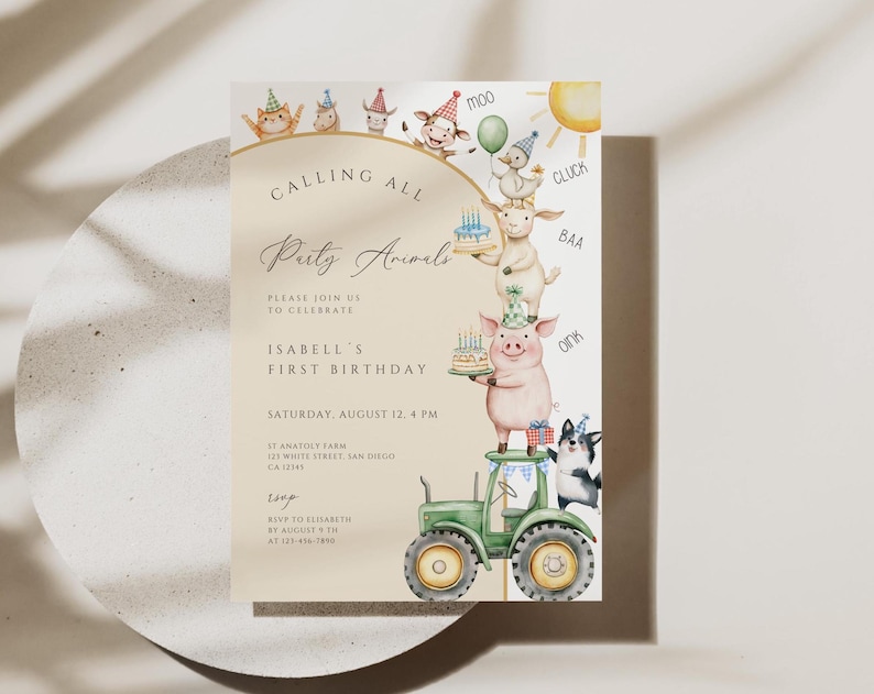 Farm Animals 1st Birthday Invitation: Barnyard Party (digital Canva ...