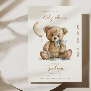 Modello modificabile per baby shower Teddy Bear, invito digitale per bambino, Teddy Bear, baby shower nel bosco, palloncino beige, invito per baby shower Canvababy
