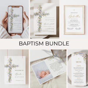 Florales Taufeinladungs-Paket: Staubiges Blau, elegantes Taufset (digitaler Download, bearbeitbare Canva-Vorlage)