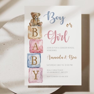 Teddy Bear Gender Reveal Invitation: Editable Baby Blocks (Digital Download)