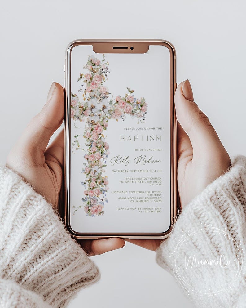 Floral Baptism Phone Invitation: Elegant Dusty Pink Template (Digital Download) image 1