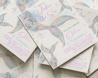 Editable Mermaid Birthday Invitation Template | Purple Teal Under the Sea Party Invite | Mermaid Birthday Party Invitation | Digital