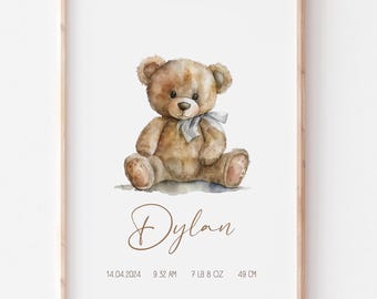 Personalized Teddy Bear Birth Stats Print: Nursery Wall Art (Digital Download)