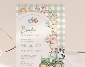 Farm Birthday Invitation, Animals, Tractor, Editable Template (Digital Download)
