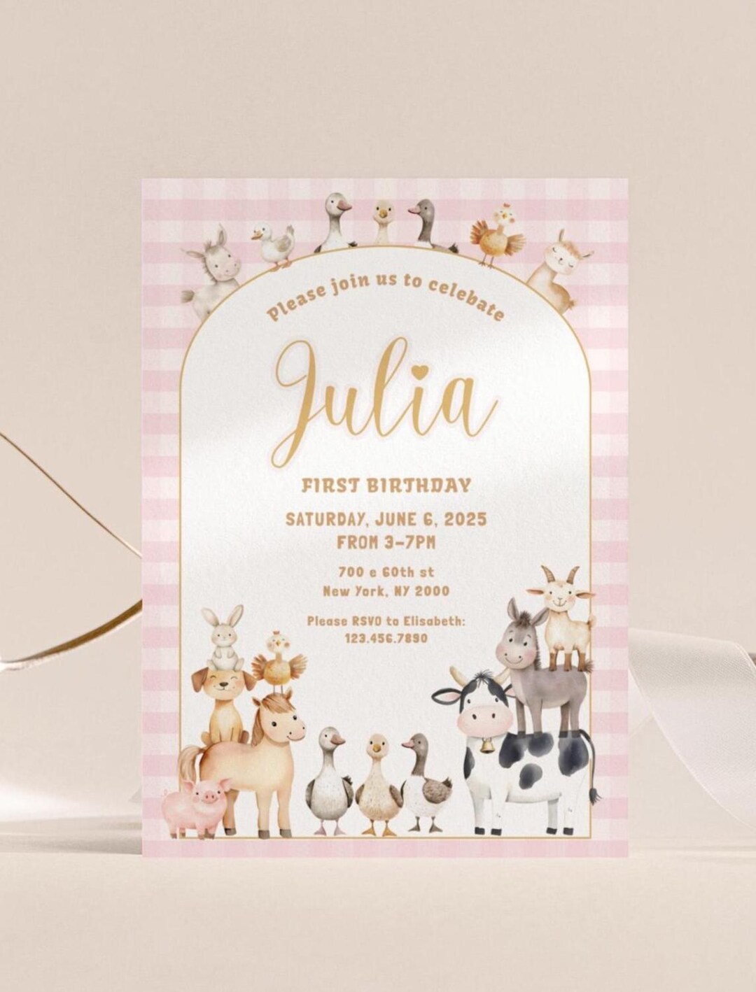 Farm Animals 1st Birthday Invitation: Light Pink Barnyard Party ...