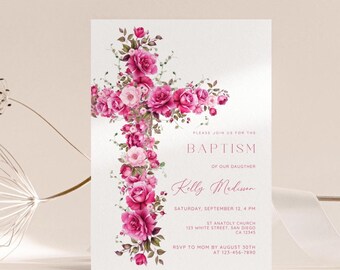 May include: Baptism invitation featuring a floral cross design in shades of pink. The invitation includes the text "Please join us for the Baptism of our daughter Kelly Medisson" and event details.