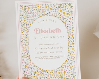 Hand-drawn floral first birthday invite, editable, printable template