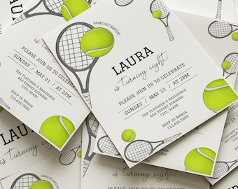 May include: A white rectangular birthday invitation card featuring a tennis theme with lime green tennis balls and grey tennis rackets. The text reads LAURA is turning eight, PLEASE JOIN US TO CELEBRATE, SUNDAY, MAY 21, AT 2PM, and GAME.SET.MATCH.