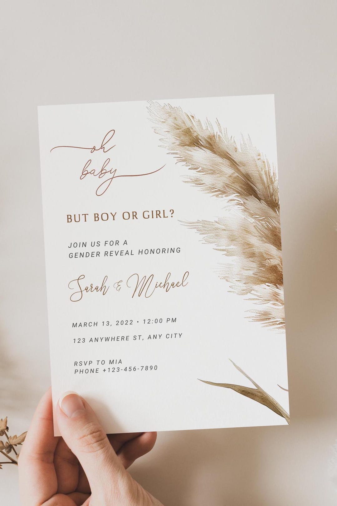 Boho Gender Reveal Invitation Template: He or She Invite (digital ...