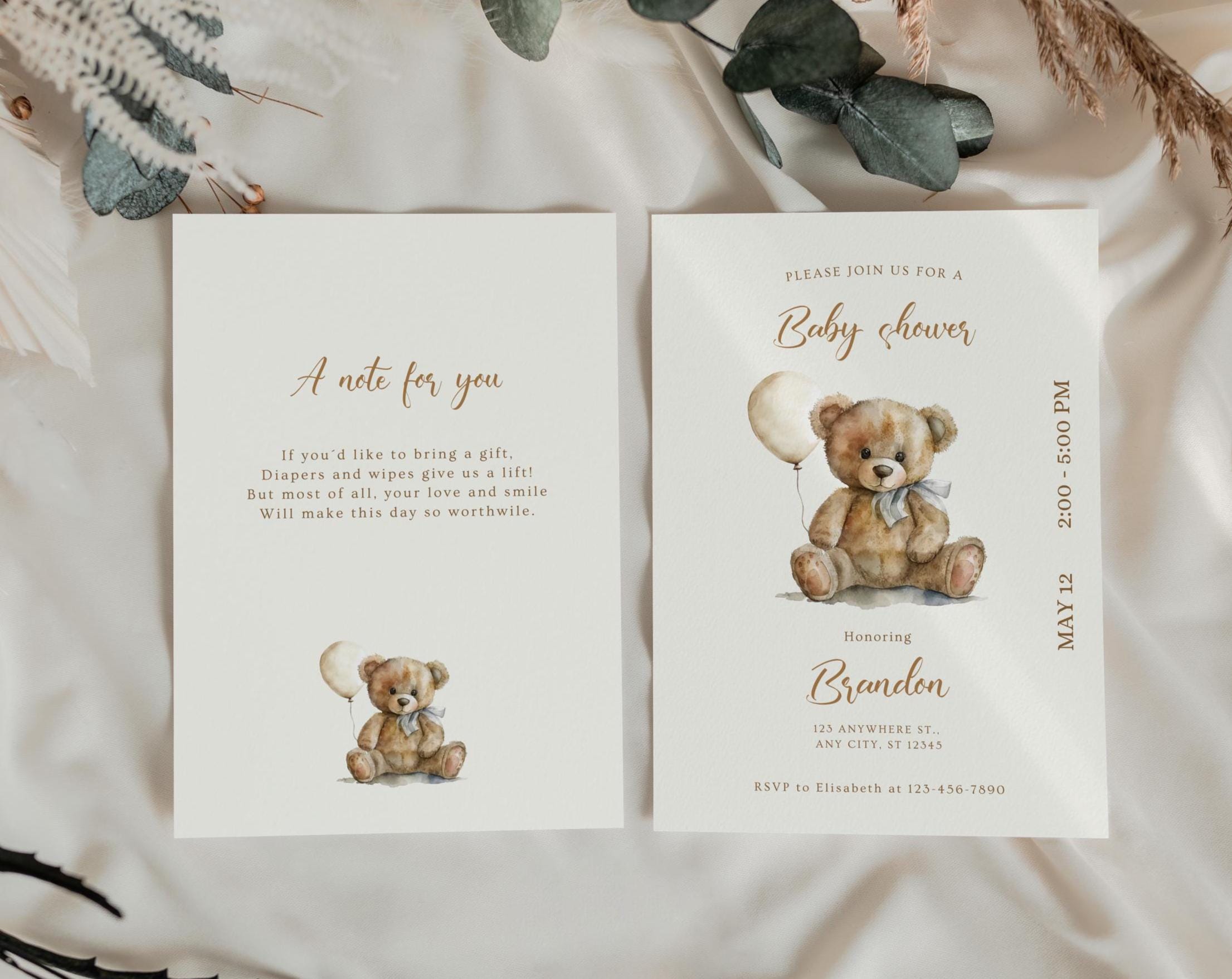 Teddy Bear Baby Shower Invitation: Beige Balloons (Canva Editable, Digital Download)