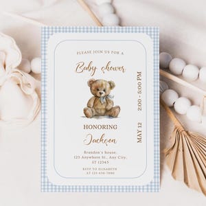 Modello modificabile per baby shower a tema orsetto, invito digitale per bambino, orsetto, baby shower nel bosco, invito per baby shower per bambino, Canva