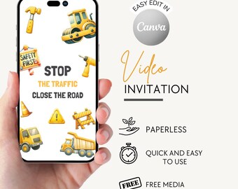 Construction Birthday Video Invitation: Animated Dump Truck Party (Canva Template)