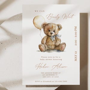 Modello modificabile per baby shower con orsetto di peluche, invito digitale per bambino, orsetto di peluche, baby shower nel bosco, con palloncino beige, Canva