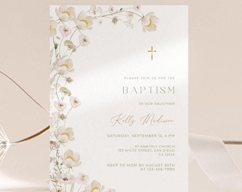Floral Baptism Invitation Template: Minimalist Christening Invite (Canva, Digital Download)
