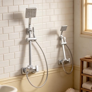 May include: Two miniature silver-colored shower fixtures with square showerheads, flexible hoses, and wall-mounted controls. The fixtures are mounted on a white subway tile wall, accompanied by a small wooden shelf holding folded towels.