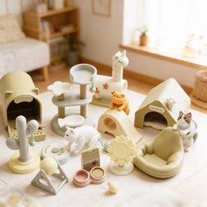 Può includere: Una collezione di mobili e accessori per gatti in miniatura dai colori pastello tenui. Include un albero per gatti, una casa, un letto, un tiragraffi e varie statuette di gatti. Gli oggetti sono disposti su una superficie dai toni neutri.