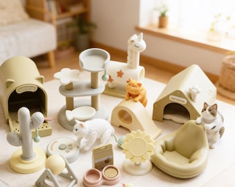 Entzückende Mini Katze Lebenssimulation Spielzeug Set, Miniatur Katzen Welt Dekor, Geschenk für Puppenhaus Liebhaber