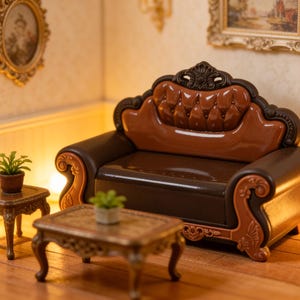 Op de afbeelding: Miniatuur woonkamerset met een bruine en bruin/beige bank, twee kleine tafels en potplanten. De bank heeft een gecapitonneerde rugleuning en sierlijke details. De tafels zijn bruin met decoratieve poten. Warme, uitnodigende sfeer.