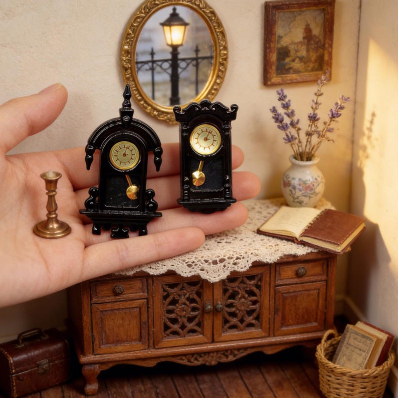 Vintage Miniature Grandfather Clock Set, Dollhouse Furniture, Tiny ...