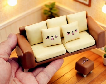 1:12 Scale Smiling Mini Sofa & Ottoman Set, Cute Dollhouse Living Room Furniture, Mini Home Decor, Adorable Miniature Gift