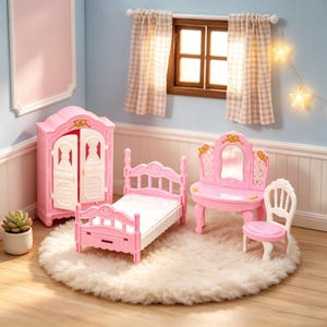 May include: A miniature dollhouse bedroom set featuring a pink wardrobe with white doors, a pink bed with a white mattress, and a pink vanity table with a matching chair. The furniture is arranged on a round white faux fur rug in a room.